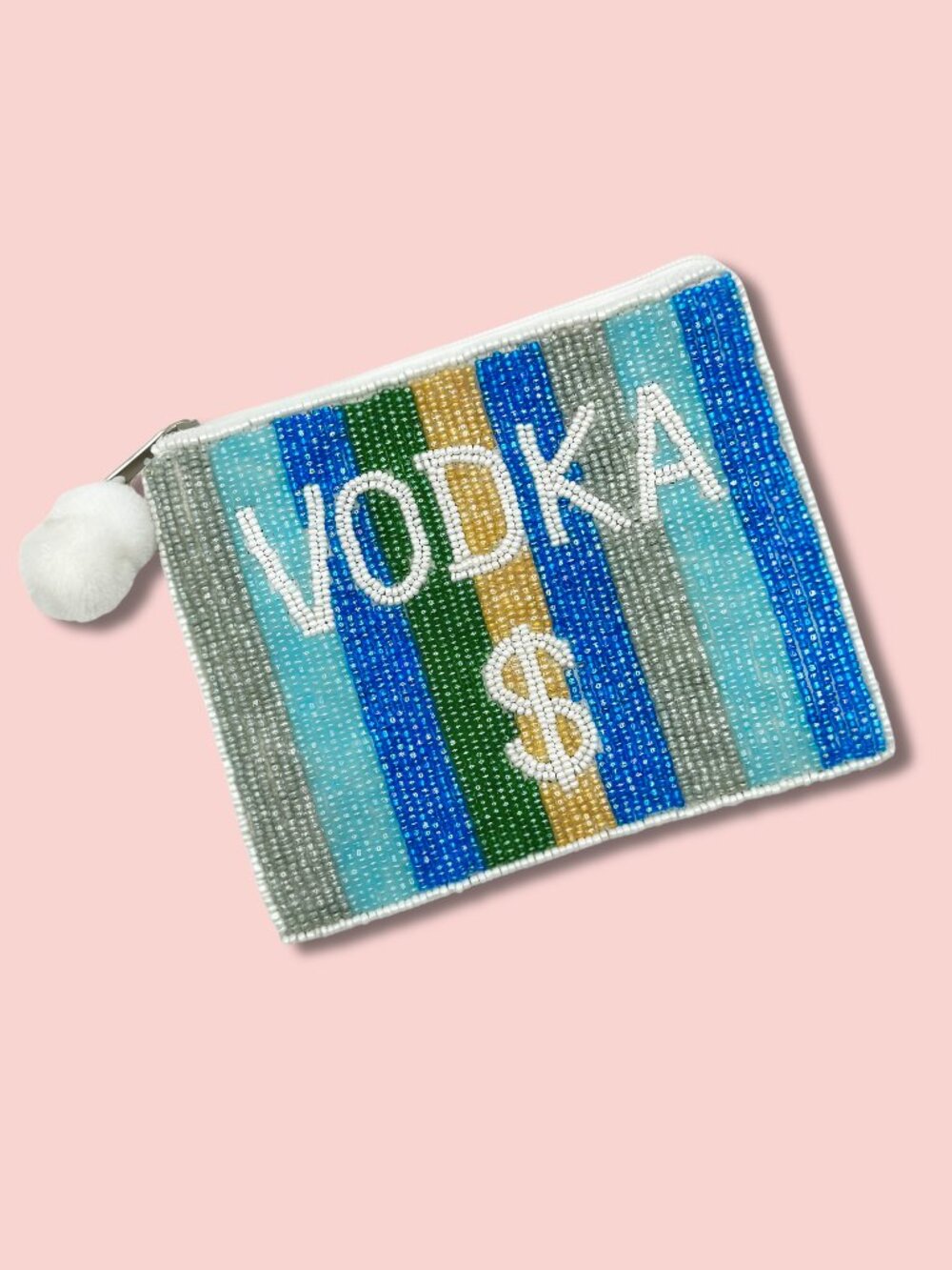 VODKA FUNDS Large Seed Beaded Storage Money Coin Zipper Pom-Pom Pouch NEW